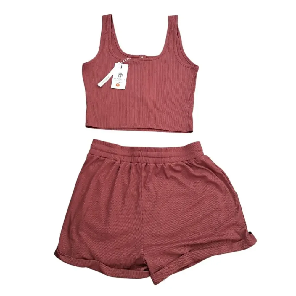 MEROKEETY Ribbed Tank Top and Shorts Maroon Lounge Set Size Large NWT